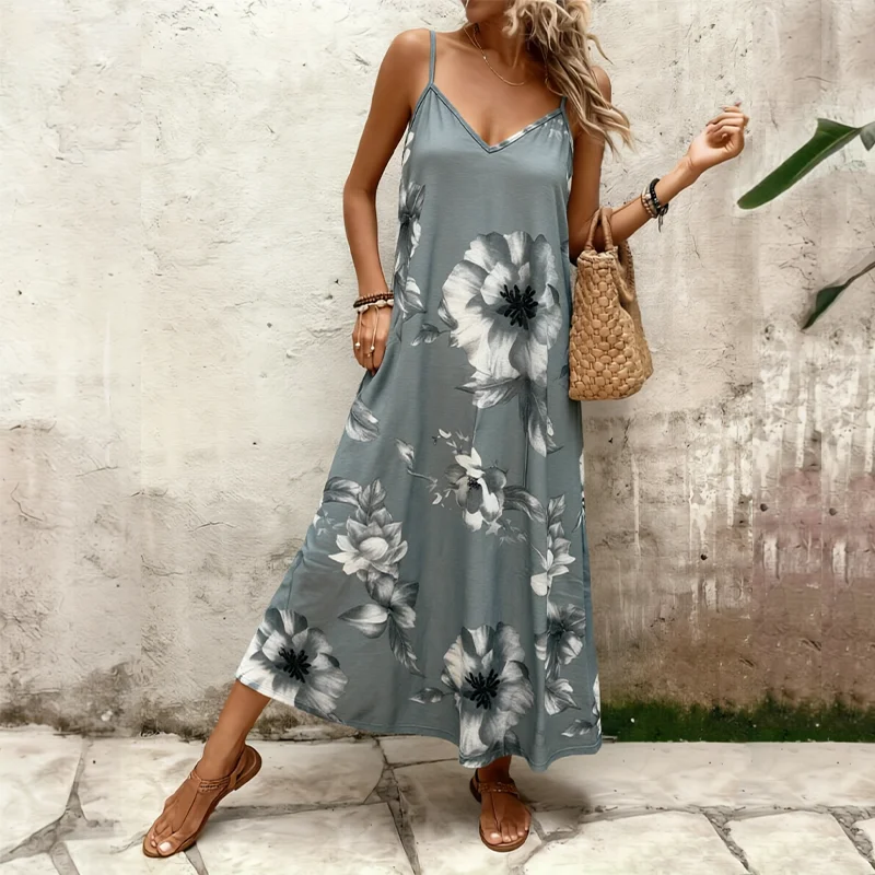 Plus size women's camisole skirt, floral print sleeveless skirt, summer beach leisure vacation Dress