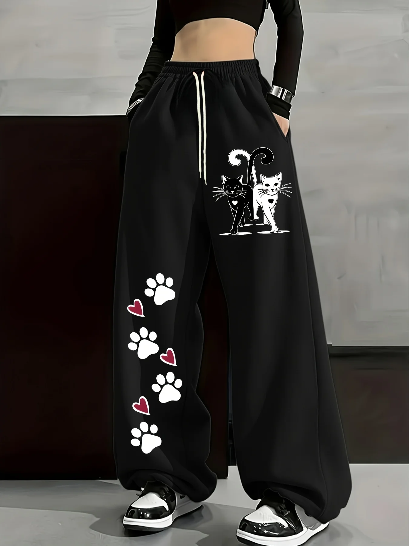 Women's Plus-size Street Style Casual Sweatpants with Cat Paw Print Spring/Autumn Fit Streetwear For Adults/Kids