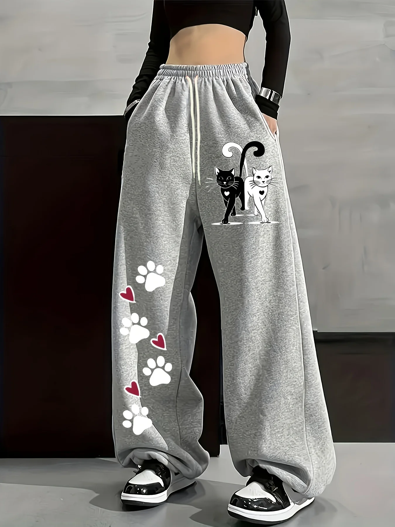 Women's Plus-size Street Style Casual Sweatpants with Cat Paw Print Spring/Autumn Fit Streetwear For Adults/Kids