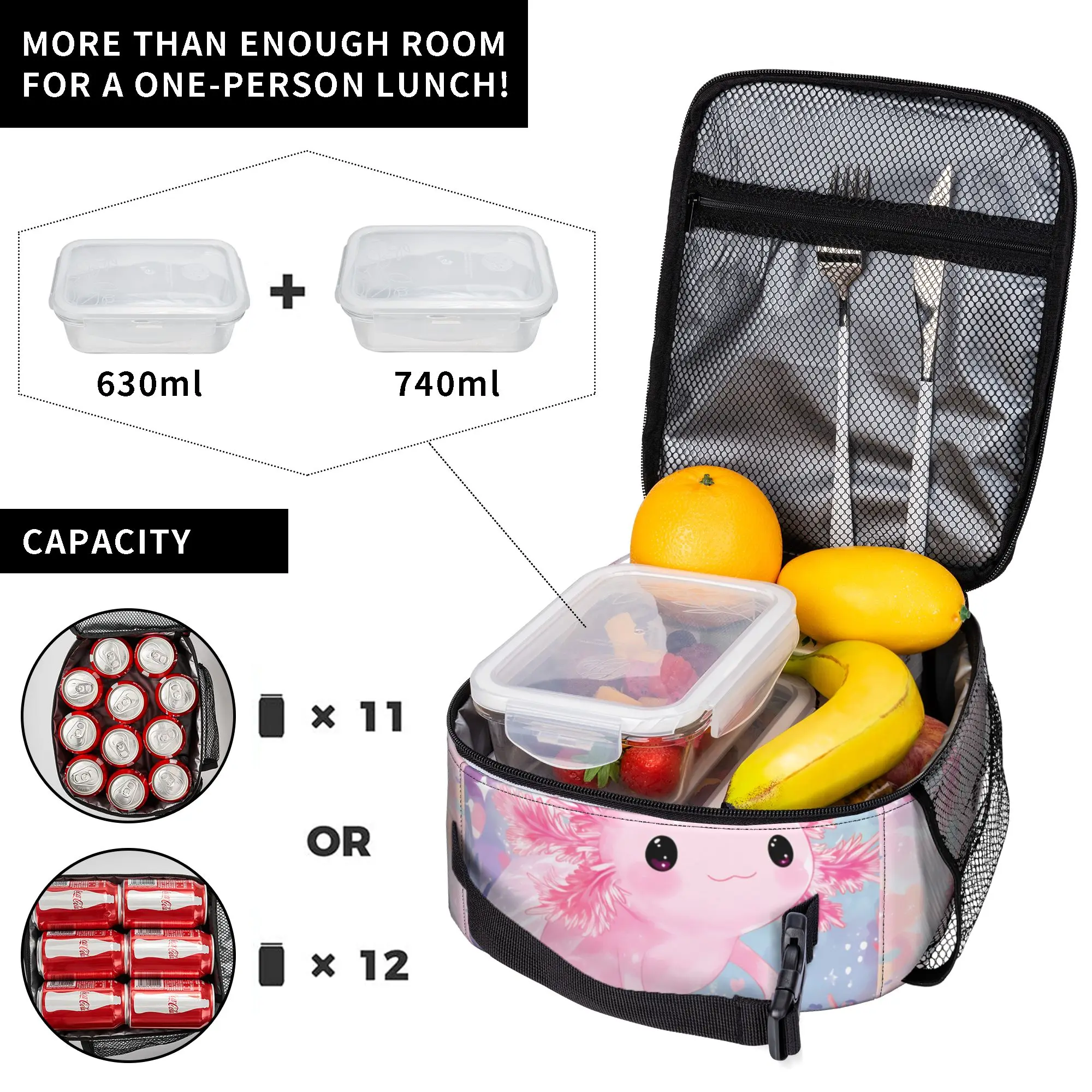 Cute Axolotl Salute Lunch Bag For Girls Print Lunch Box Fashion Picnic Cooler Bag Portable Waterproof Thermal Tote Handbags