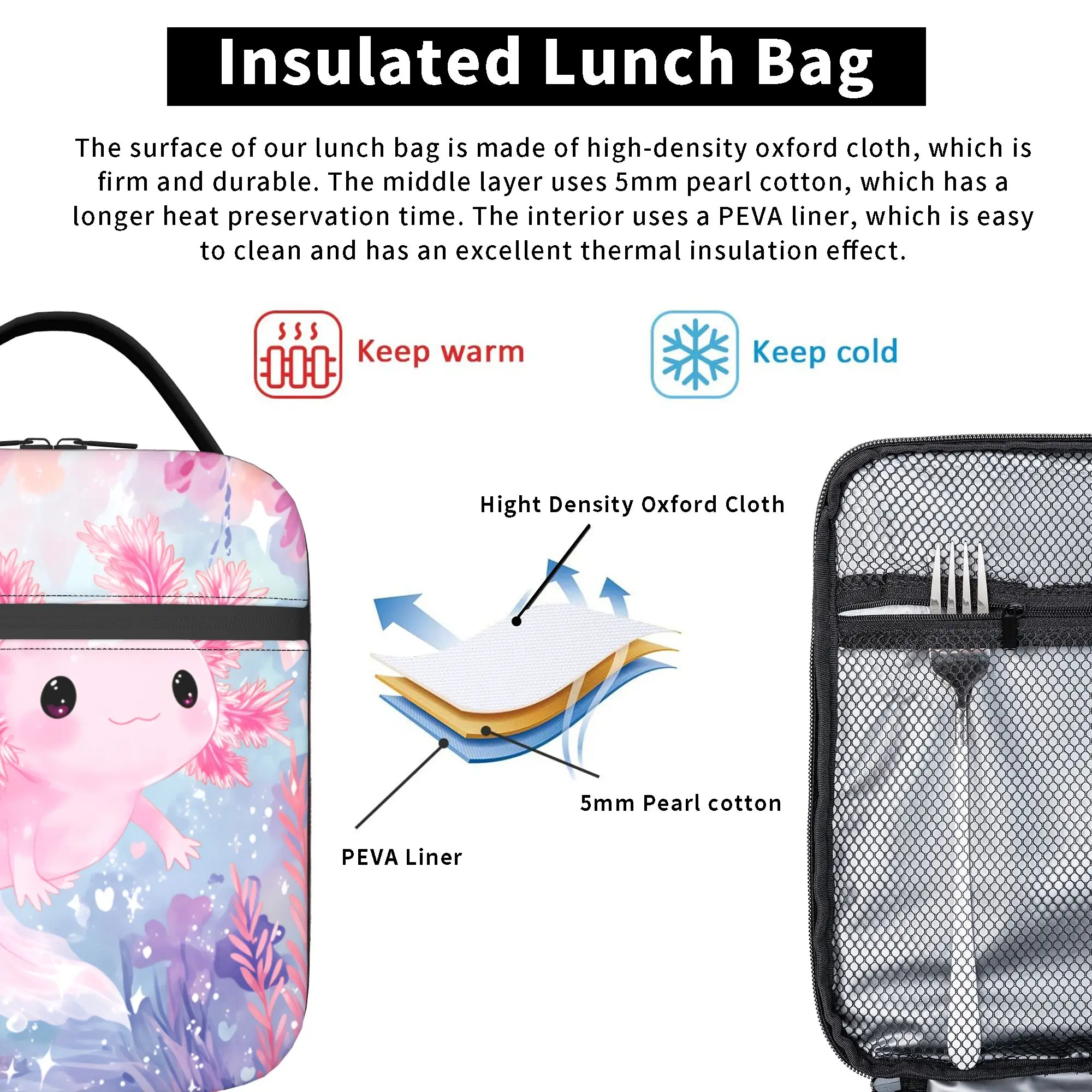 Cute Axolotl Salute Lunch Bag For Girls Print Lunch Box Fashion Picnic Cooler Bag Portable Waterproof Thermal Tote Handbags