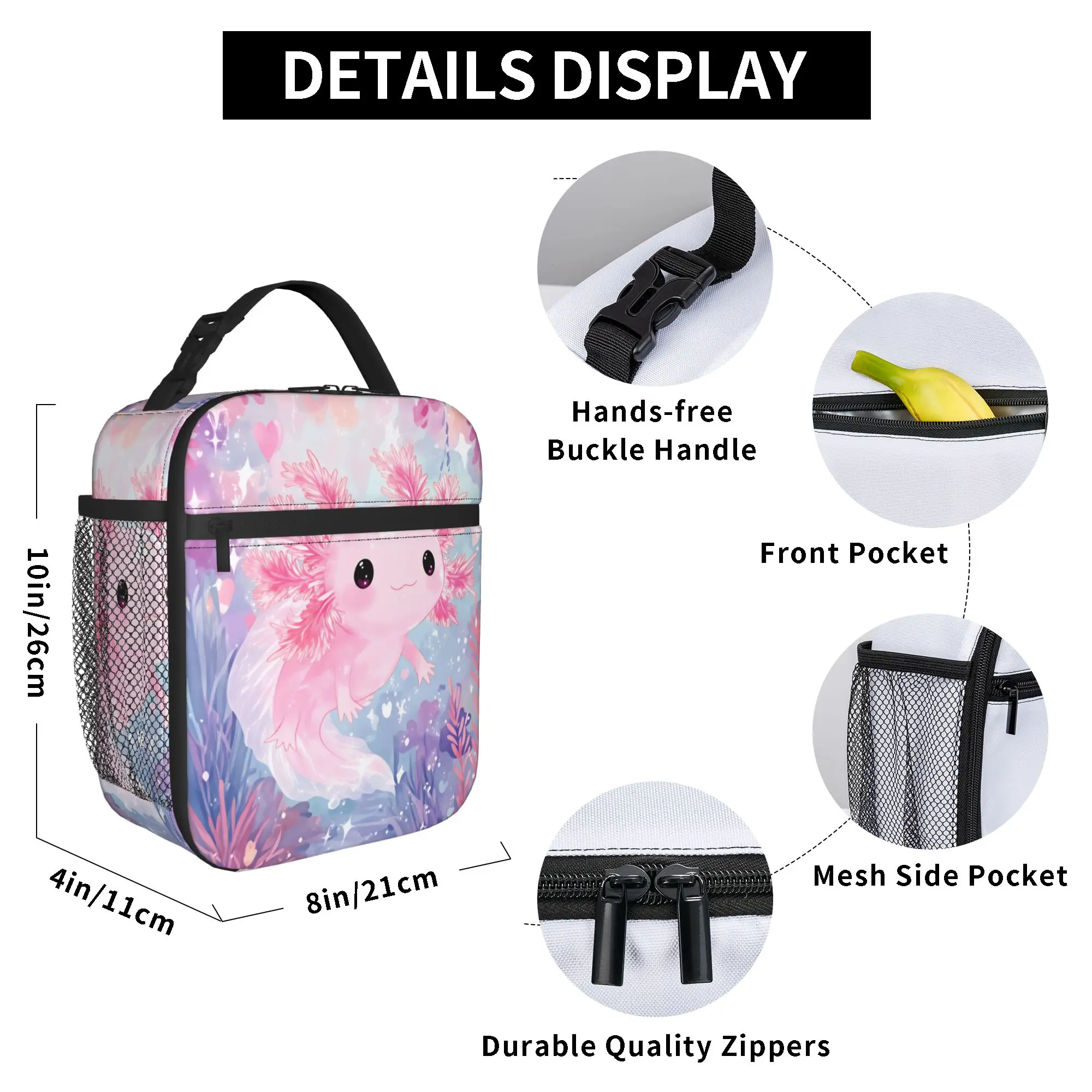 Cute Axolotl Salute Lunch Bag For Girls Print Lunch Box Fashion Picnic Cooler Bag Portable Waterproof Thermal Tote Handbags