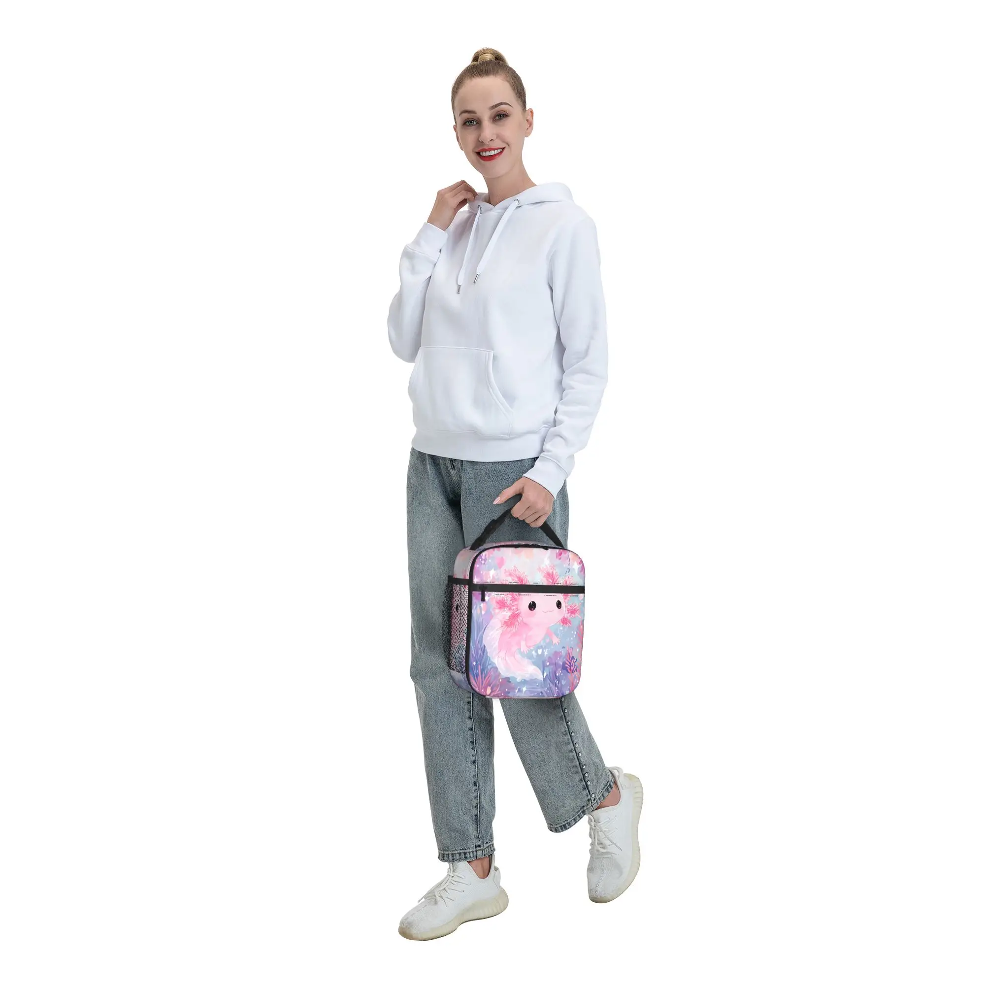 Cute Axolotl Salute Lunch Bag For Girls Print Lunch Box Fashion Picnic Cooler Bag Portable Waterproof Thermal Tote Handbags