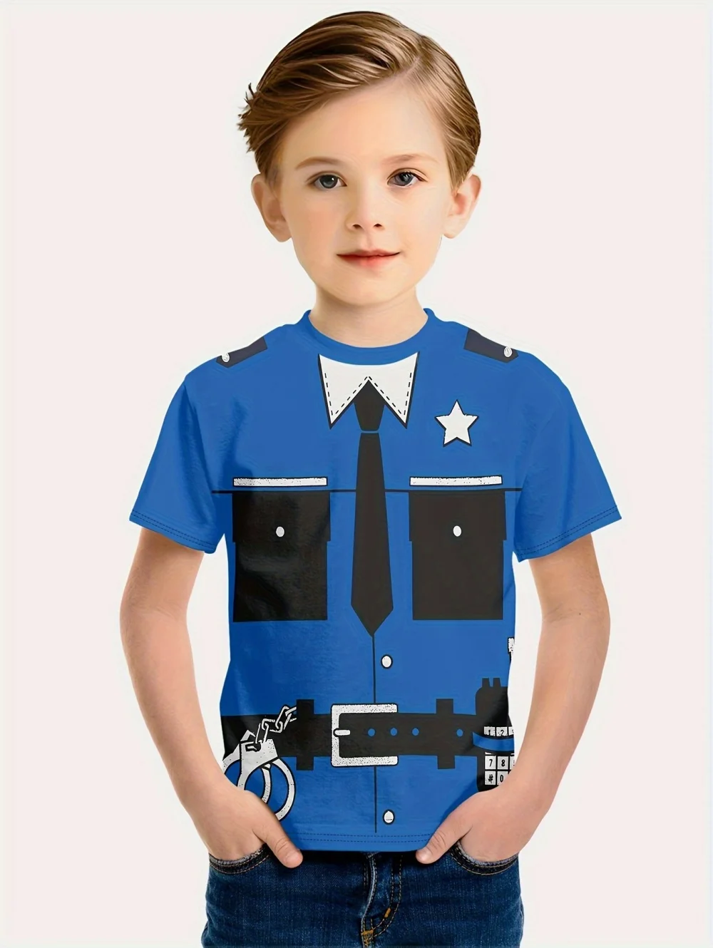 Children's T-Shirt Boy Cool Police Badge Print Fashion Round Neck Short Sleeve Summer Outdoor Sport Perfect Gift T-Shirt for Boy