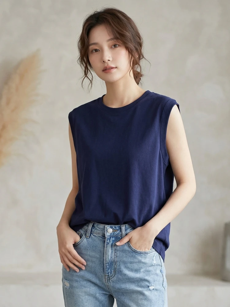 Women's Tank Top 2026 Summer Cotton O-Neck Sleeveless Vest Solid Color Ribbed Cuff Loose Casual Versatile Solid Color Camisole