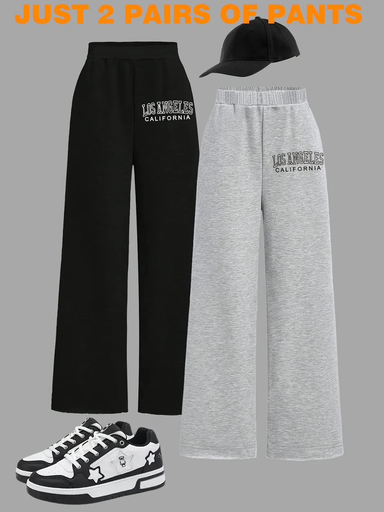 Kids Girls 2 Pack "Los Angeles" Letter Print Elastic Waist Wide Leg Sweatpants Casual Daily School Wear Pants
