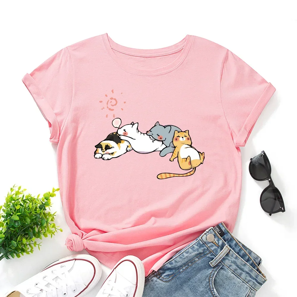 Women's Cute Sleeping Cat Print T-shirt Short-sleeved Round Neck, Casual Summer Women's Top Graphic T Shirts Aesthetic Clothes