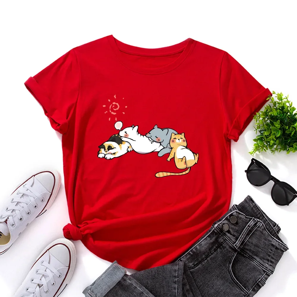Women's Cute Sleeping Cat Print T-shirt Short-sleeved Round Neck, Casual Summer Women's Top Graphic T Shirts Aesthetic Clothes