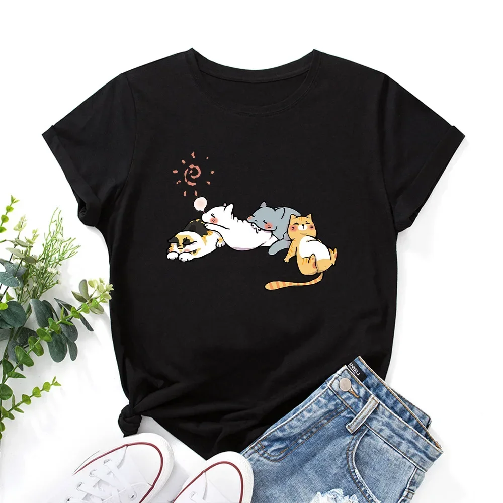 Women's Cute Sleeping Cat Print T-shirt Short-sleeved Round Neck, Casual Summer Women's Top Graphic T Shirts Aesthetic Clothes