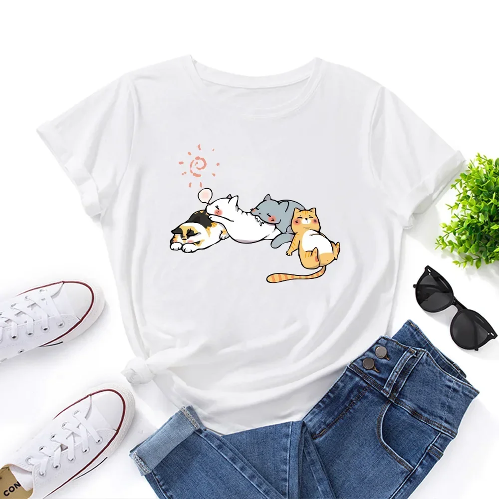Women's Cute Sleeping Cat Print T-shirt Short-sleeved Round Neck, Casual Summer Women's Top Graphic T Shirts Aesthetic Clothes
