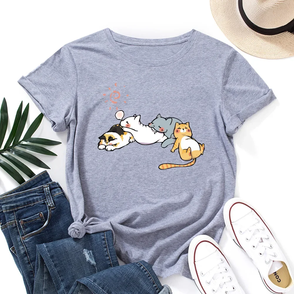 Women's Cute Sleeping Cat Print T-shirt Short-sleeved Round Neck, Casual Summer Women's Top Graphic T Shirts Aesthetic Clothes