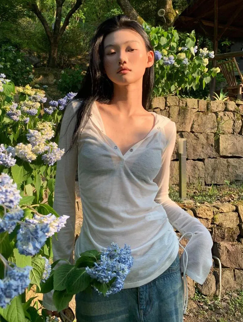 Summer Thin Women's Long Sleeve Top Streetwear Y2k Sexy See Through Hooded T-shirts Drawstring Slim Sun Protection White Tees