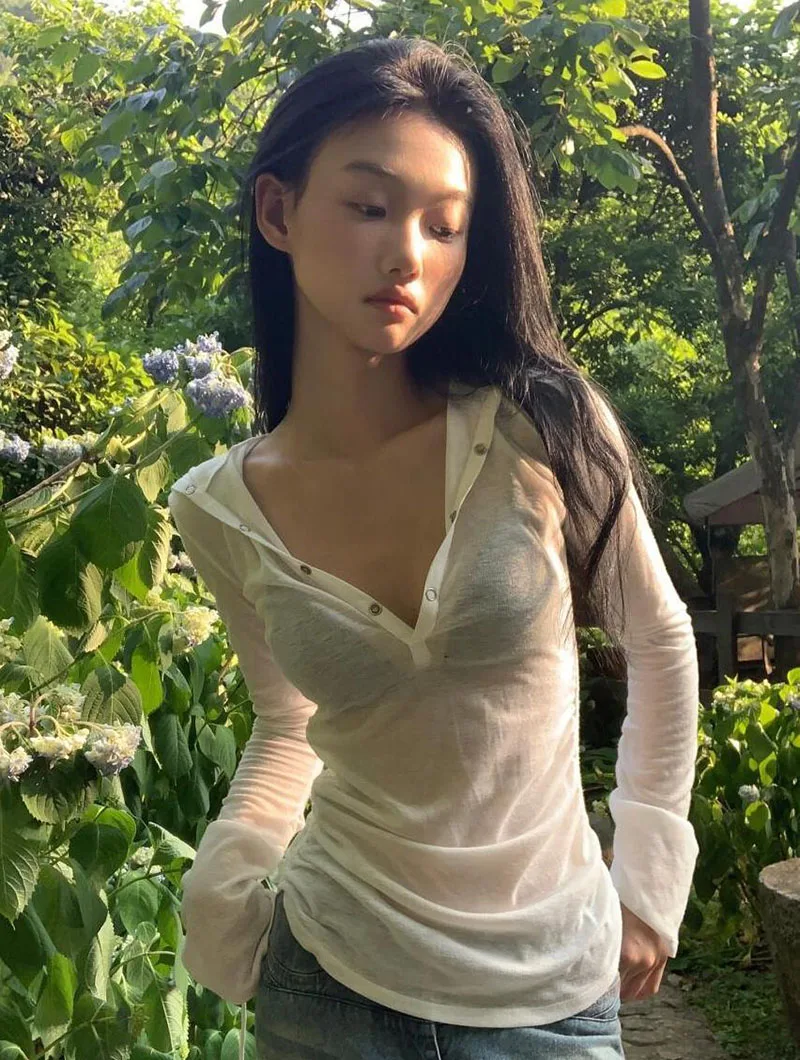 Summer Thin Women's Long Sleeve Top Streetwear Y2k Sexy See Through Hooded T-shirts Drawstring Slim Sun Protection White Tees