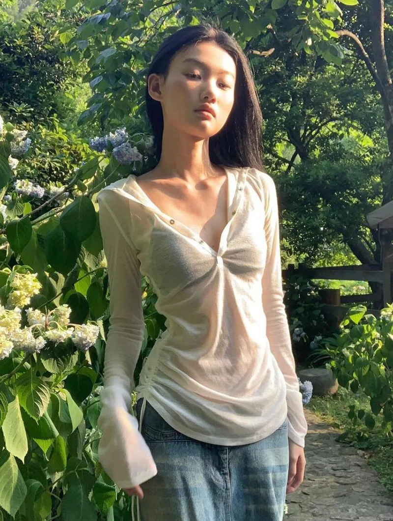 Summer Thin Women's Long Sleeve Top Streetwear Y2k Sexy See Through Hooded T-shirts Drawstring Slim Sun Protection White Tees