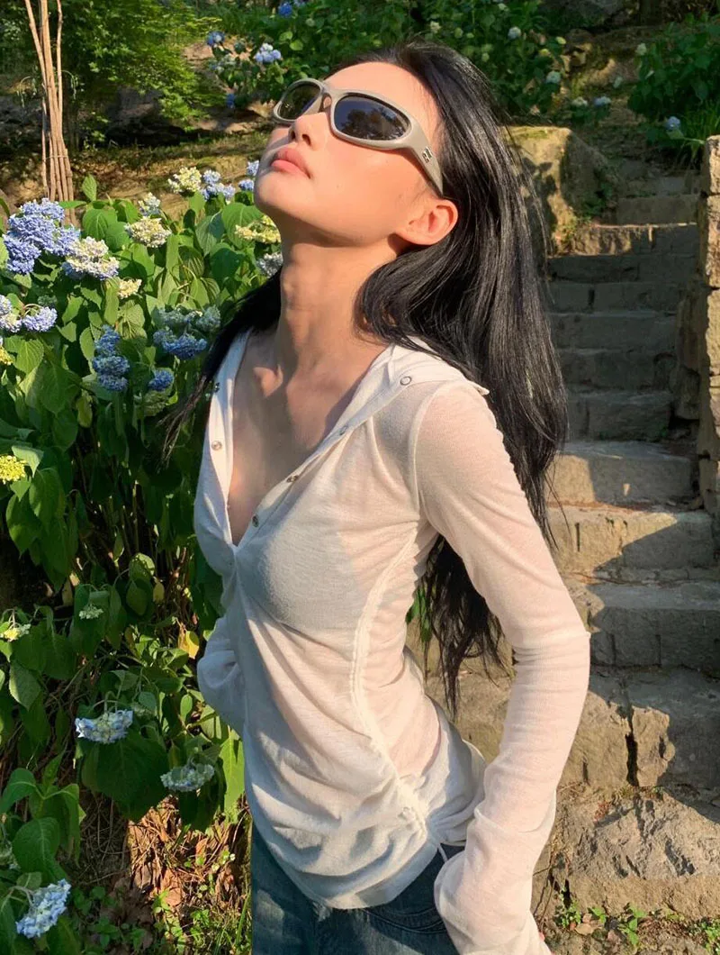 Summer Thin Women's Long Sleeve Top Streetwear Y2k Sexy See Through Hooded T-shirts Drawstring Slim Sun Protection White Tees