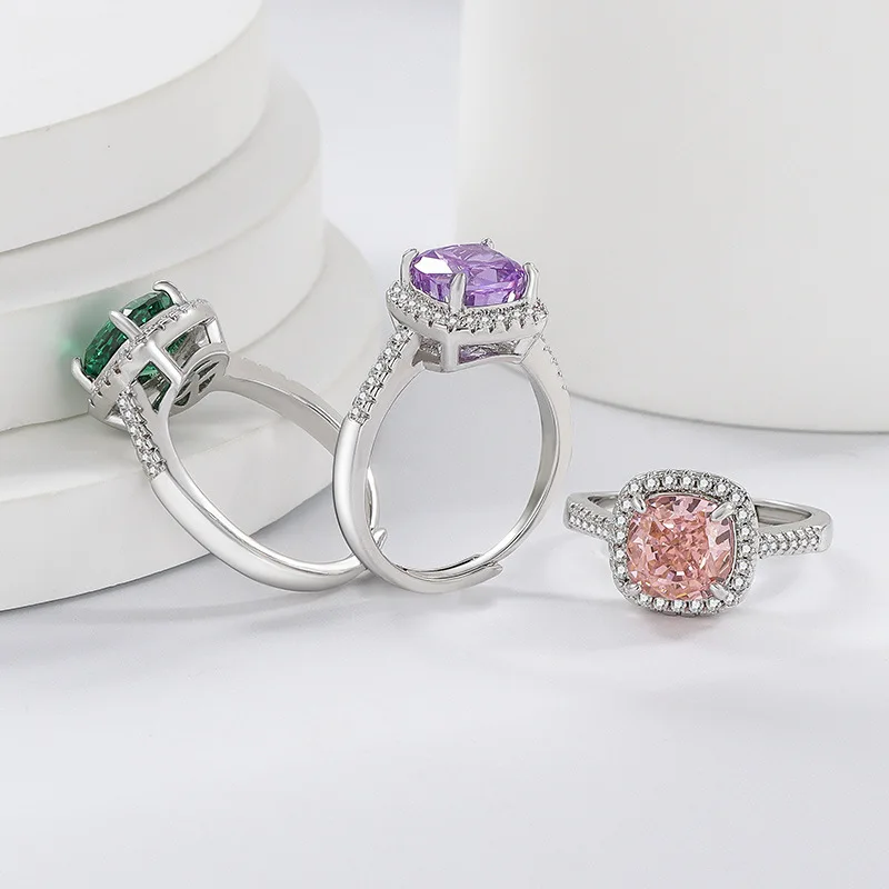 925 Sterling Silver Stylish and Simple Ice Flower Cut Princess Square Bag Zircon Ring Birthday Party Anniversary Gift