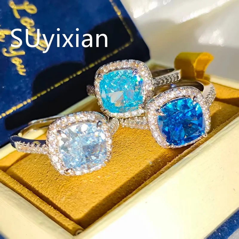 925 Sterling Silver Stylish and Simple Ice Flower Cut Princess Square Bag Zircon Ring Birthday Party Anniversary Gift