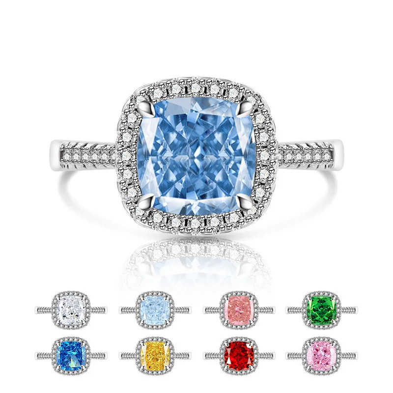 925 Sterling Silver Stylish and Simple Ice Flower Cut Princess Square Bag Zircon Ring Birthday Party Anniversary Gift