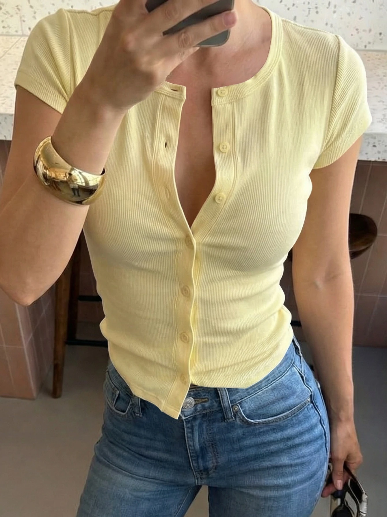Dulzura O-Neck Short Sleeve Single Breasted Slim Cardigan Top Women'S Solid Casual Versatile Top Party Club Street Summer Outfit