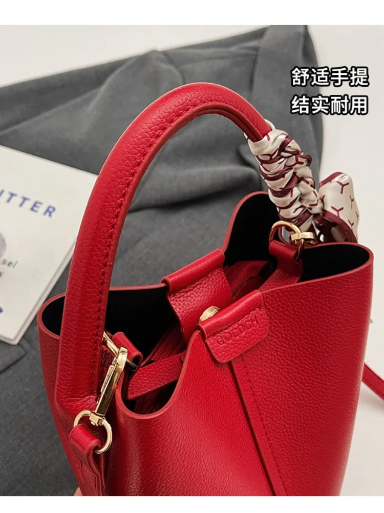 2026 Hot Selling Simplicity High-end Women's Crossbody Red Bag PU Material Versatile Bucket Bag Fashion Handbag Commuting