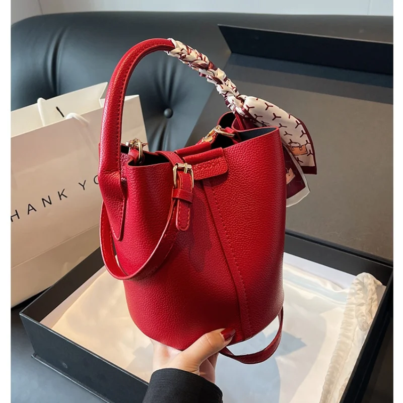 2026 Hot Selling Simplicity High-end Women's Crossbody Red Bag PU Material Versatile Bucket Bag Fashion Handbag Commuting