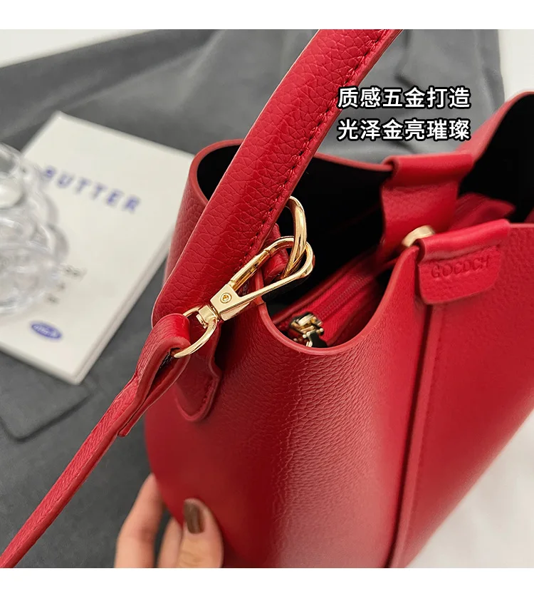 2026 Hot Selling Simplicity High-end Women's Crossbody Red Bag PU Material Versatile Bucket Bag Fashion Handbag Commuting