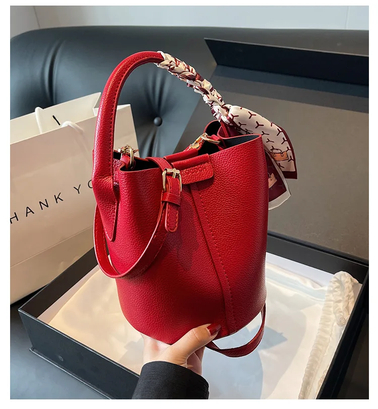 2026 Hot Selling Simplicity High-end Women's Crossbody Red Bag PU Material Versatile Bucket Bag Fashion Handbag Commuting
