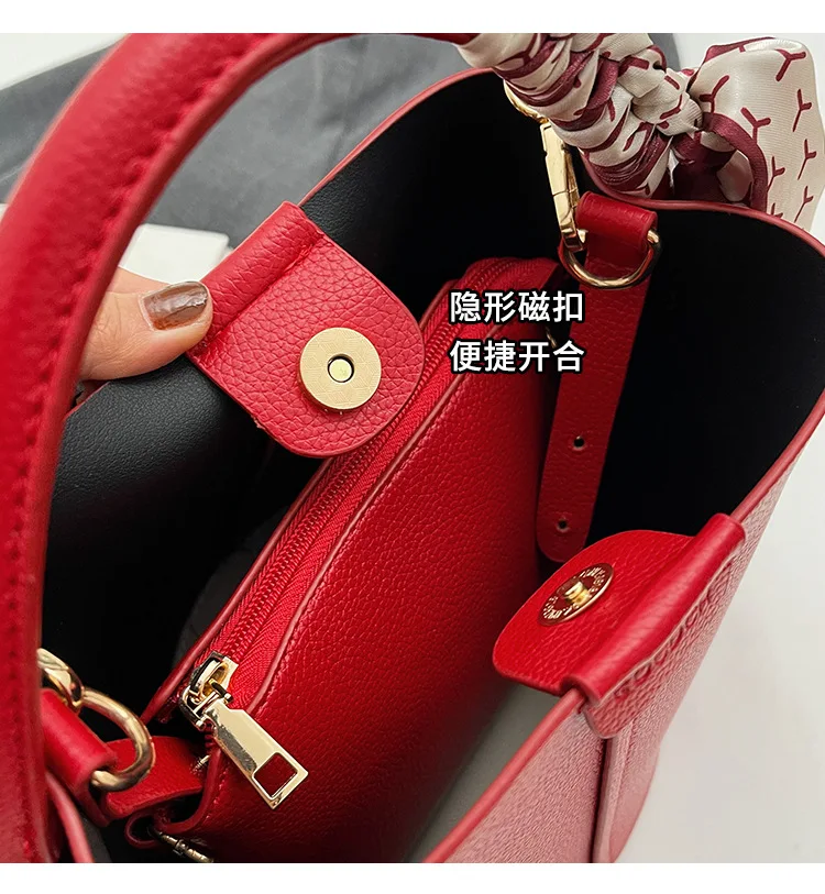2026 Hot Selling Simplicity High-end Women's Crossbody Red Bag PU Material Versatile Bucket Bag Fashion Handbag Commuting