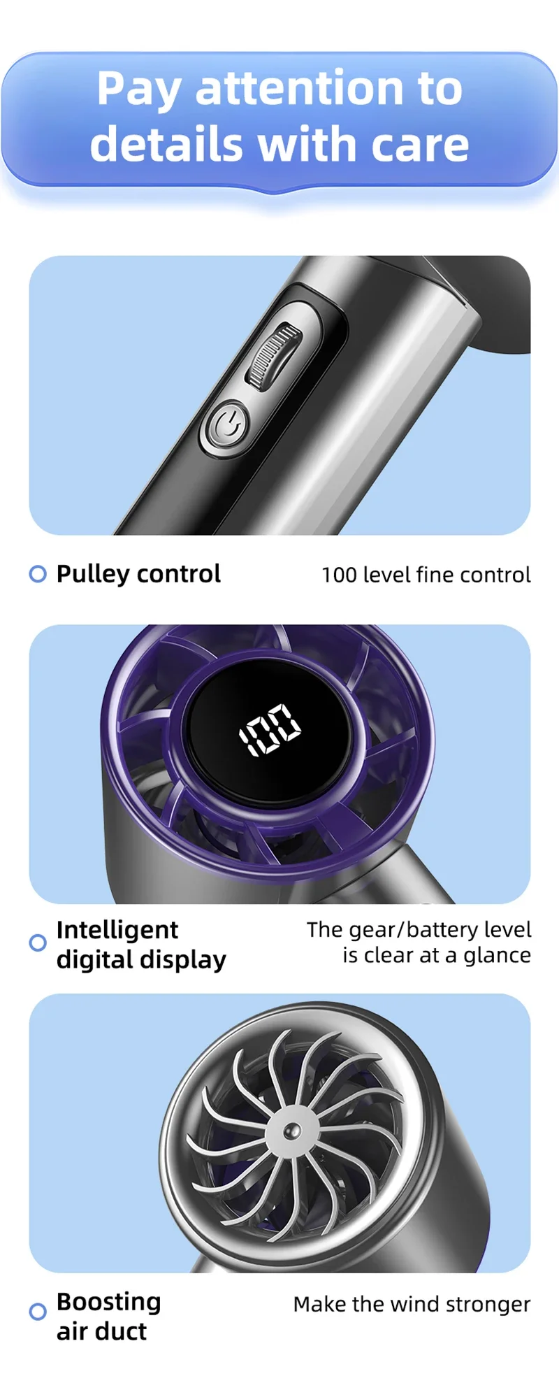 Lenovo Handheld Fan 100 Speeds Adjustable USB Rechargeable Mini Turbo High Speed Cooling Fan for Outdoor Travel Office Home New