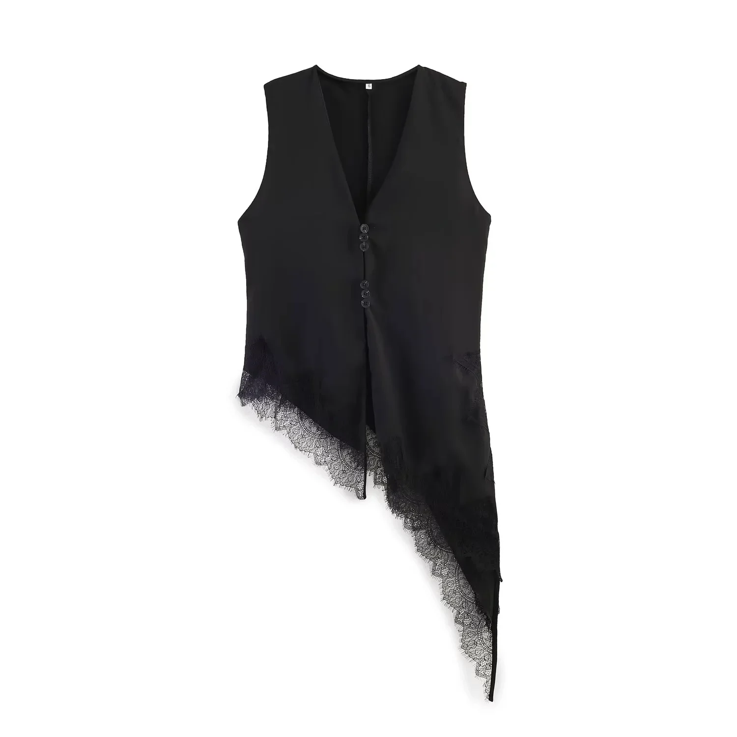 BSAY Women's Fashion Tank 2026 Spring Summer New Sleeveless V-neck Lace Trimmed Irregular Hem Satin Vest Chic Ladies Tops Mujer