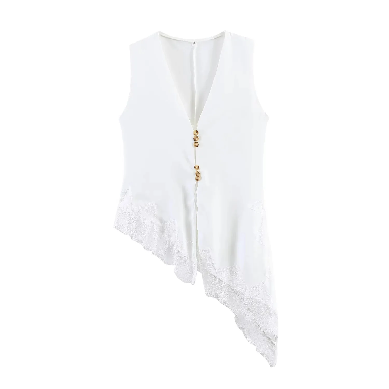 BSAY Women's Fashion Tank 2026 Spring Summer New Sleeveless V-neck Lace Trimmed Irregular Hem Satin Vest Chic Ladies Tops Mujer