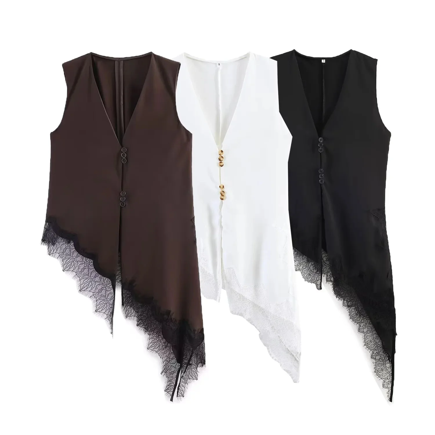 BSAY Women's Fashion Tank 2026 Spring Summer New Sleeveless V-neck Lace Trimmed Irregular Hem Satin Vest Chic Ladies Tops Mujer