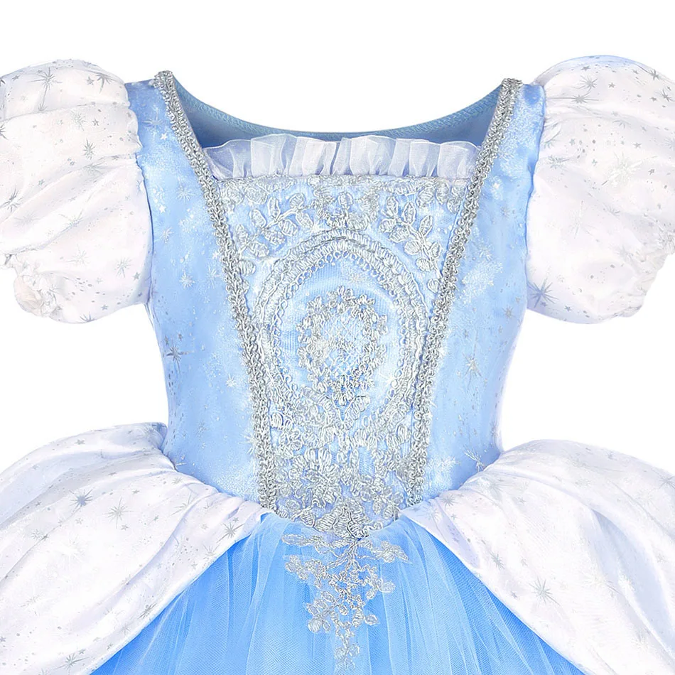 Girls Cinderella Princess Dress Puff Sleeve Embroidery Sequins Tulle Ball Gown Halloween Cosplay Birthday Party Carnival Costume