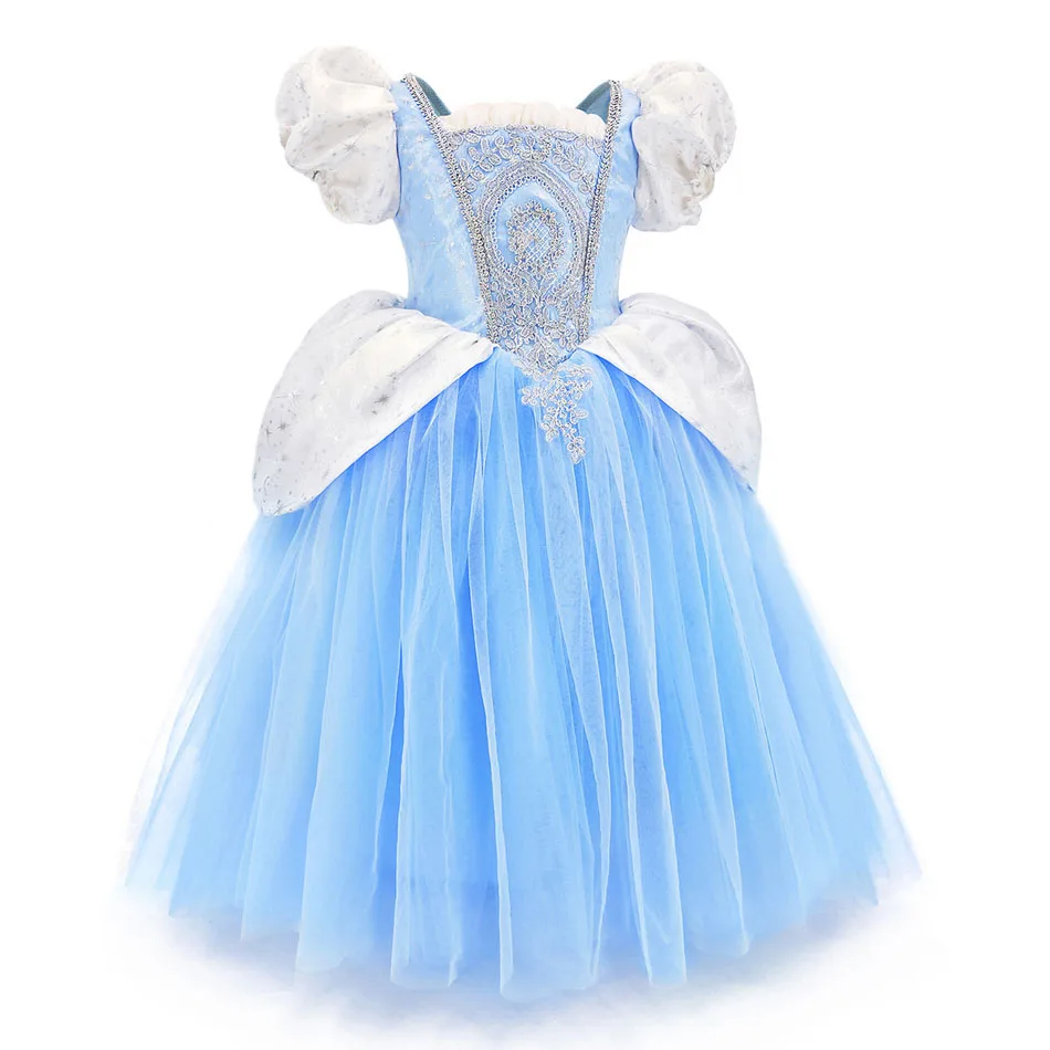 Girls Cinderella Princess Dress Puff Sleeve Embroidery Sequins Tulle Ball Gown Halloween Cosplay Birthday Party Carnival Costume