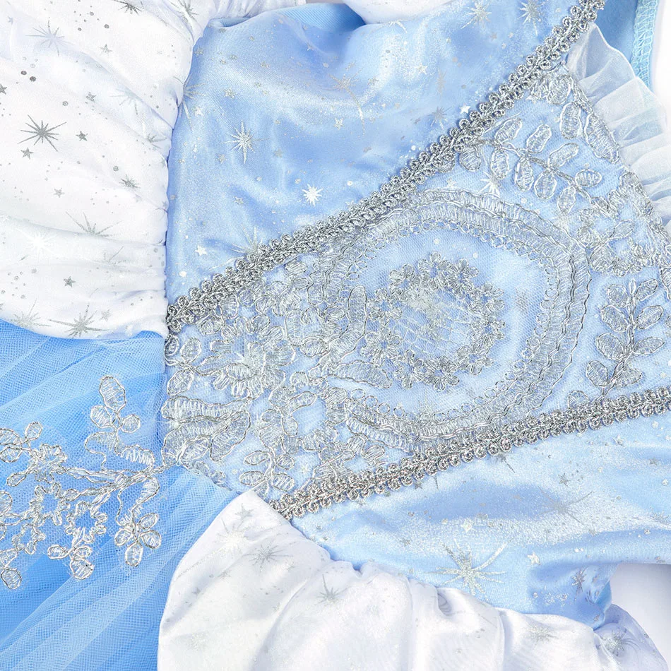 Girls Cinderella Princess Dress Puff Sleeve Embroidery Sequins Tulle Ball Gown Halloween Cosplay Birthday Party Carnival Costume