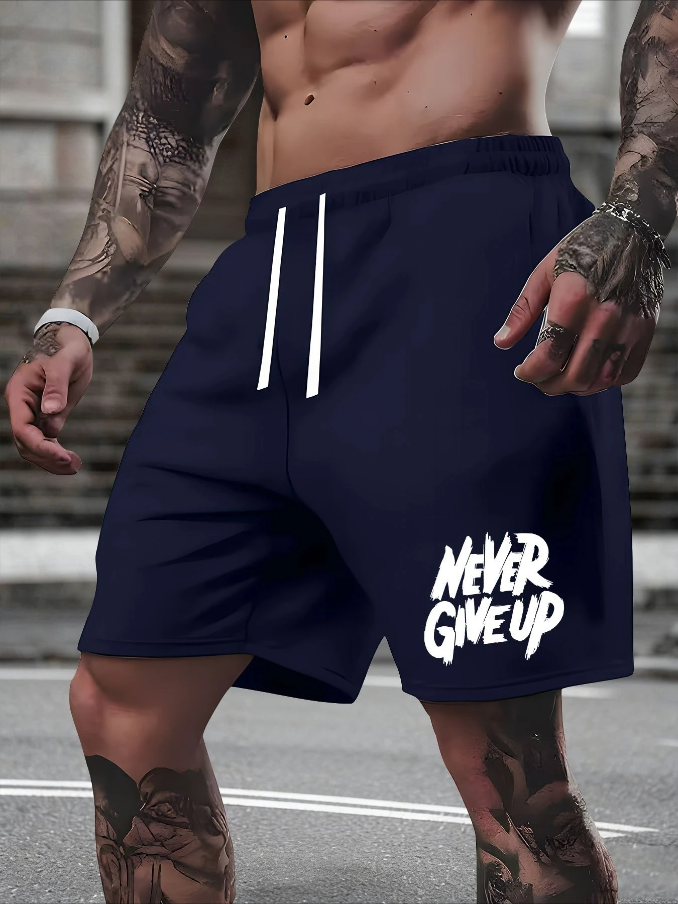 Men's Summer Fashion Letter Print Casual Shorts Loose Fit Elastic Waistband with Drawstring Suitable for Everyday Wear