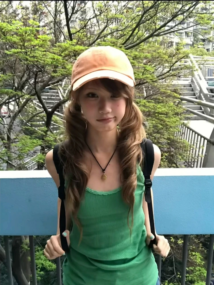 Tonngirls American Retro Tank Tops Women Lace Green Sleeveless Vintage Tops Y2k Aesthetic Camis Japanese 2000s Streetwear Tanks