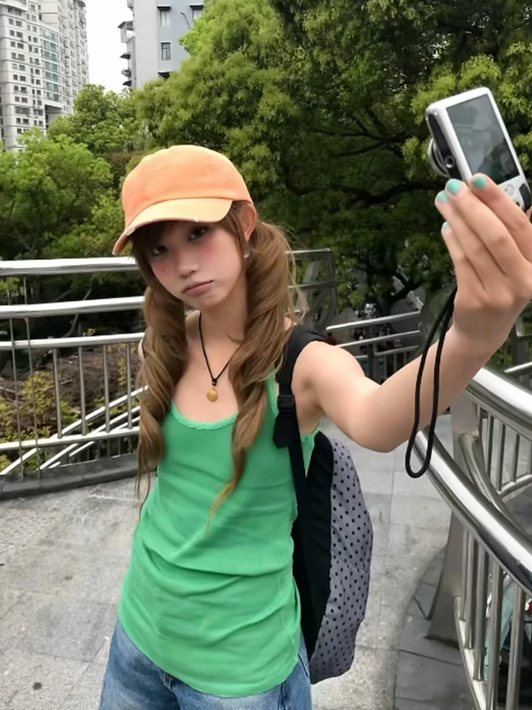 Tonngirls American Retro Tank Tops Women Lace Green Sleeveless Vintage Tops Y2k Aesthetic Camis Japanese 2000s Streetwear Tanks