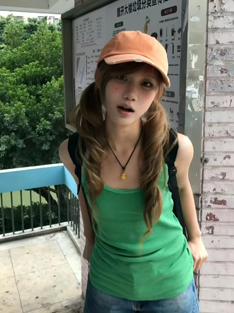Tonngirls American Retro Tank Tops Women Lace Green Sleeveless Vintage Tops Y2k Aesthetic Camis Japanese 2000s Streetwear Tanks