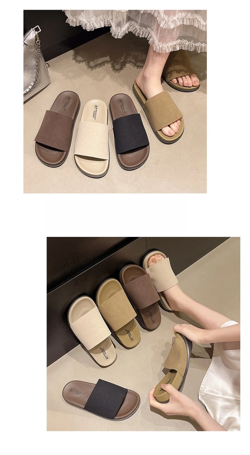 2026 Fashion Simple Suede Slip-On Anti-Slip Shoes for Women Summer Outing Flat Open-Toe Birken-Style Half Slippers