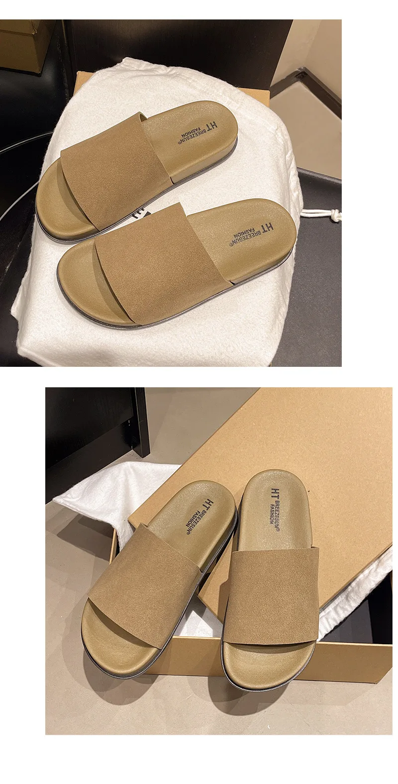 2026 Fashion Simple Suede Slip-On Anti-Slip Shoes for Women Summer Outing Flat Open-Toe Birken-Style Half Slippers