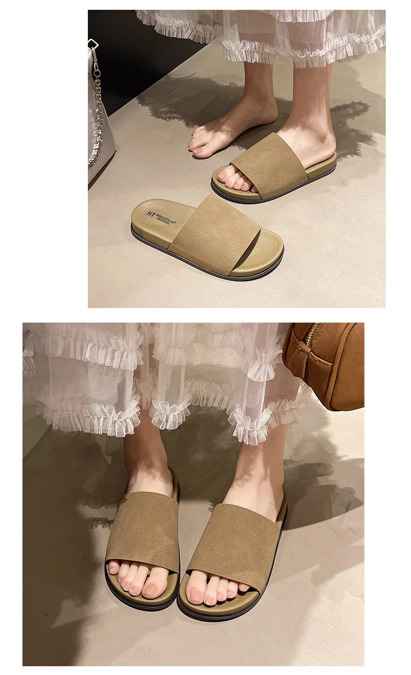 2026 Fashion Simple Suede Slip-On Anti-Slip Shoes for Women Summer Outing Flat Open-Toe Birken-Style Half Slippers