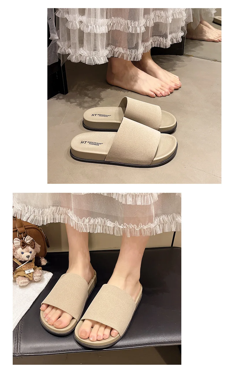 2026 Fashion Simple Suede Slip-On Anti-Slip Shoes for Women Summer Outing Flat Open-Toe Birken-Style Half Slippers