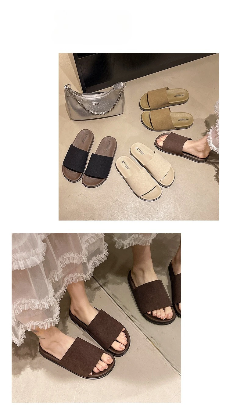 2026 Fashion Simple Suede Slip-On Anti-Slip Shoes for Women Summer Outing Flat Open-Toe Birken-Style Half Slippers
