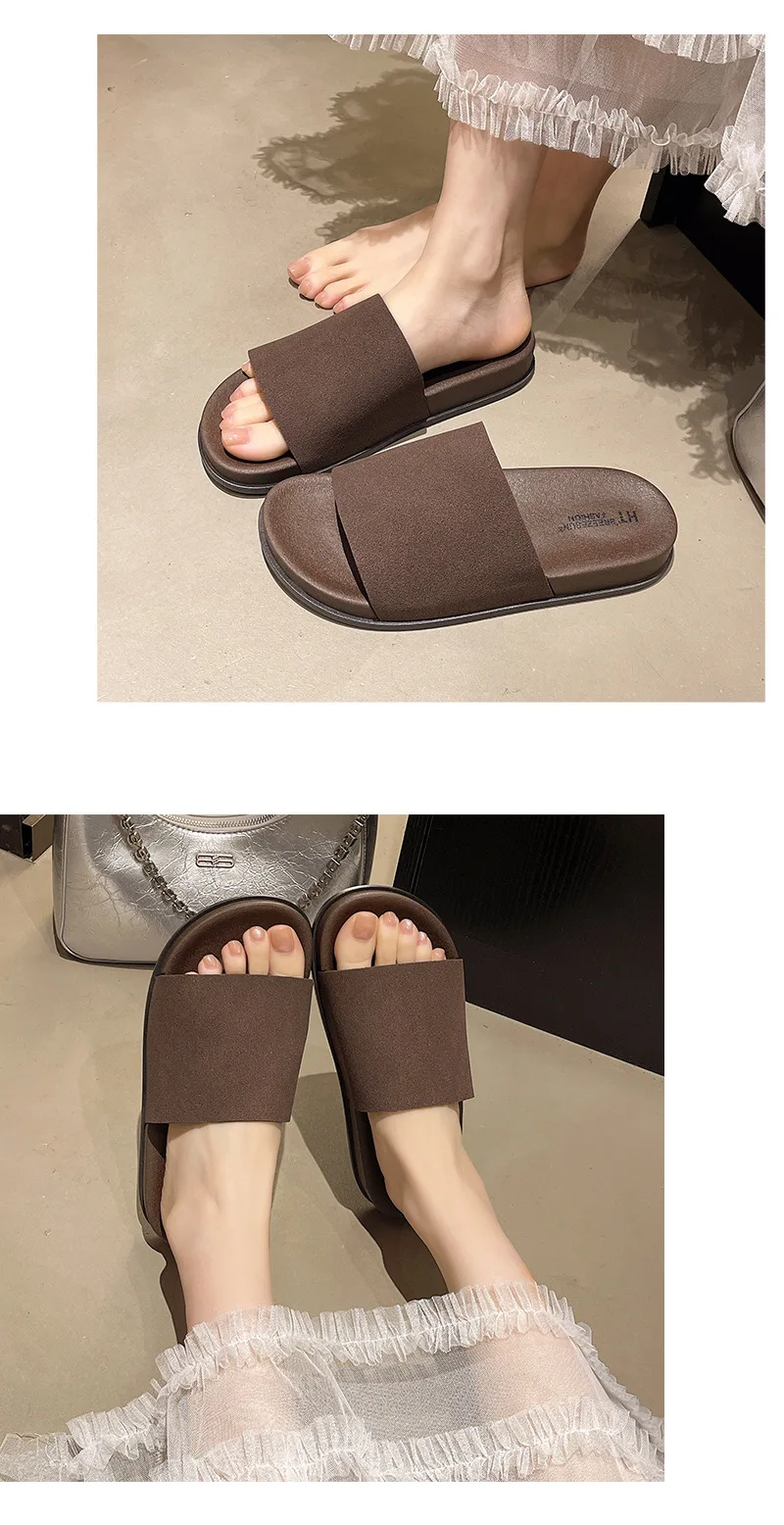 2026 Fashion Simple Suede Slip-On Anti-Slip Shoes for Women Summer Outing Flat Open-Toe Birken-Style Half Slippers