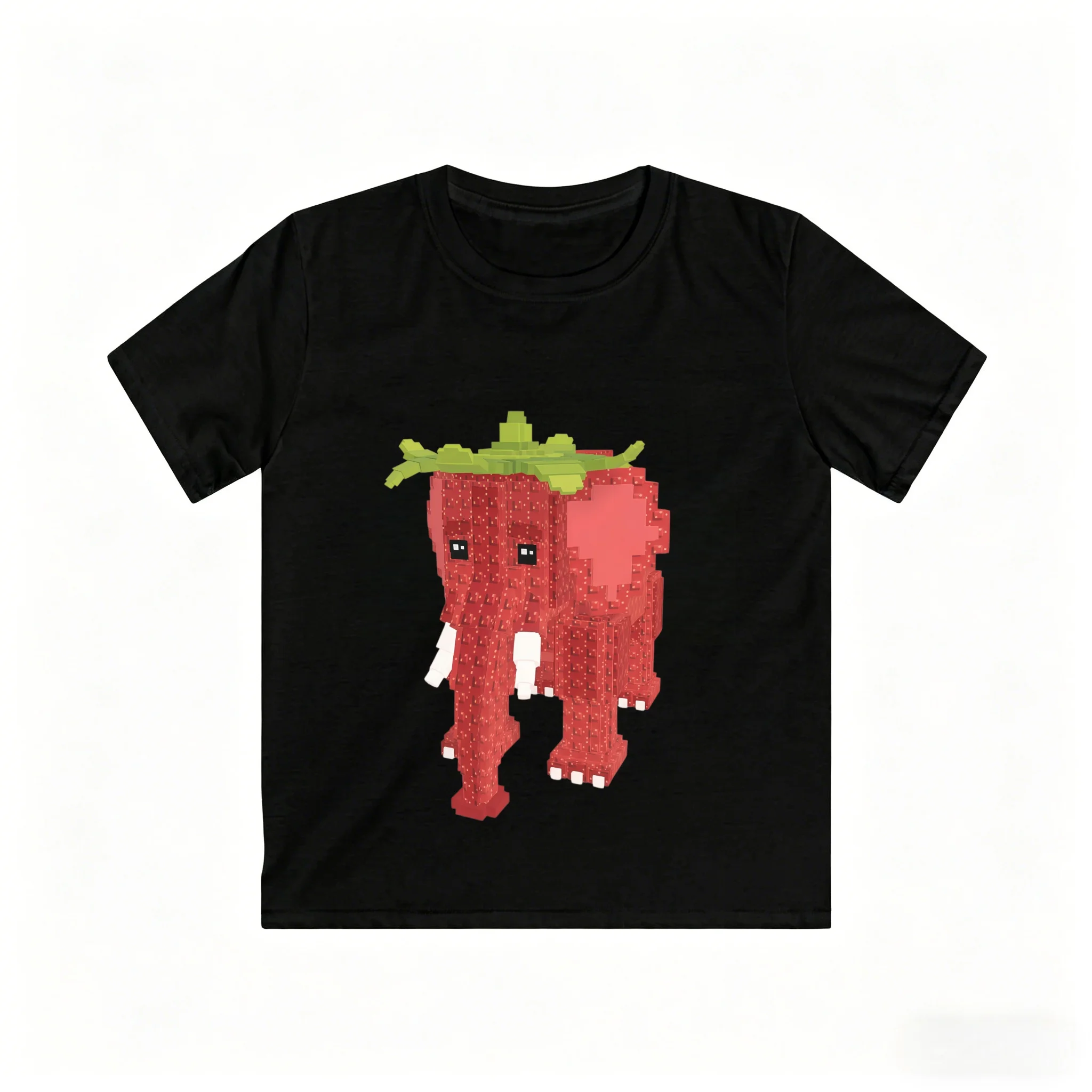 Strawberry Elephant Pixel Print Kids T-Shirt Loose Breathable Cotton Soft Machine Washable for School Casual Sport Daily Wear
