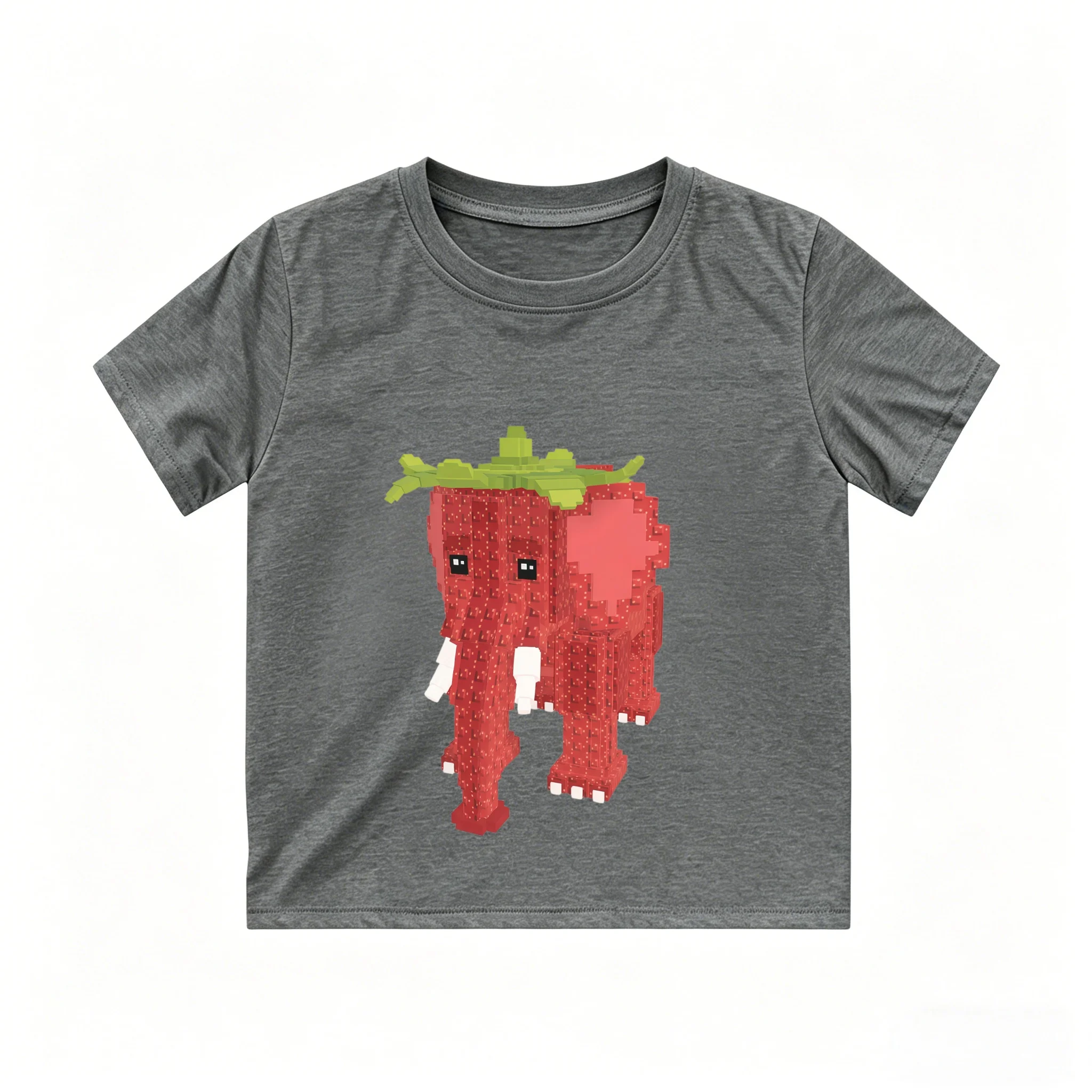 Strawberry Elephant Pixel Print Kids T-Shirt Loose Breathable Cotton Soft Machine Washable for School Casual Sport Daily Wear