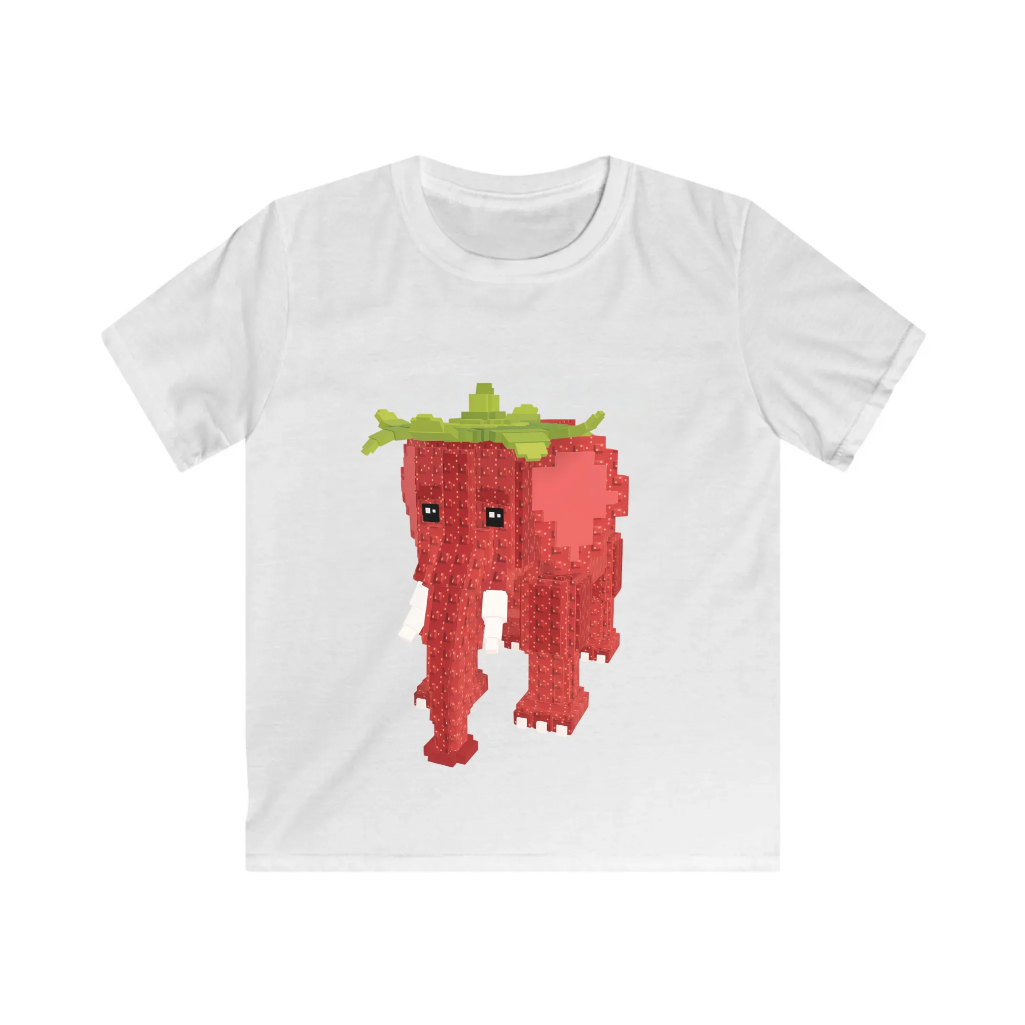 Strawberry Elephant Pixel Print Kids T-Shirt Loose Breathable Cotton Soft Machine Washable for School Casual Sport Daily Wear