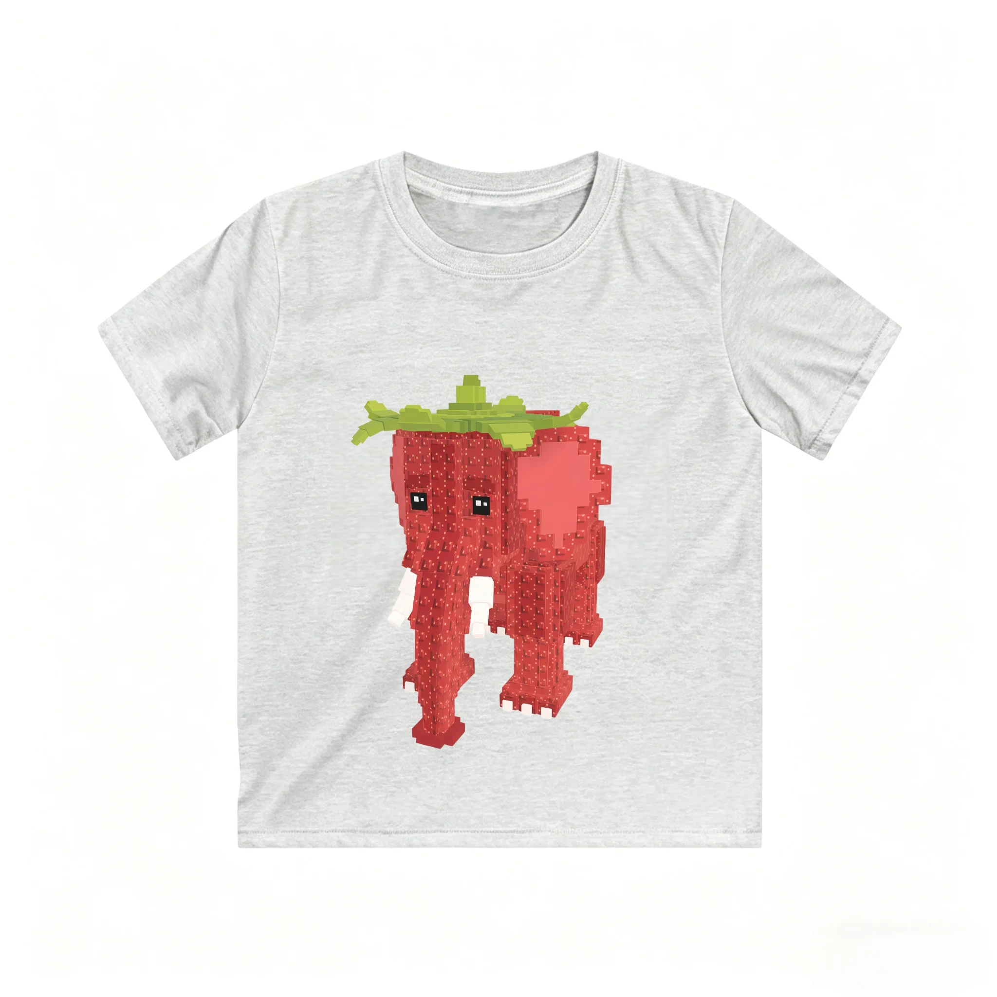 Strawberry Elephant Pixel Print Kids T-Shirt Loose Breathable Cotton Soft Machine Washable for School Casual Sport Daily Wear