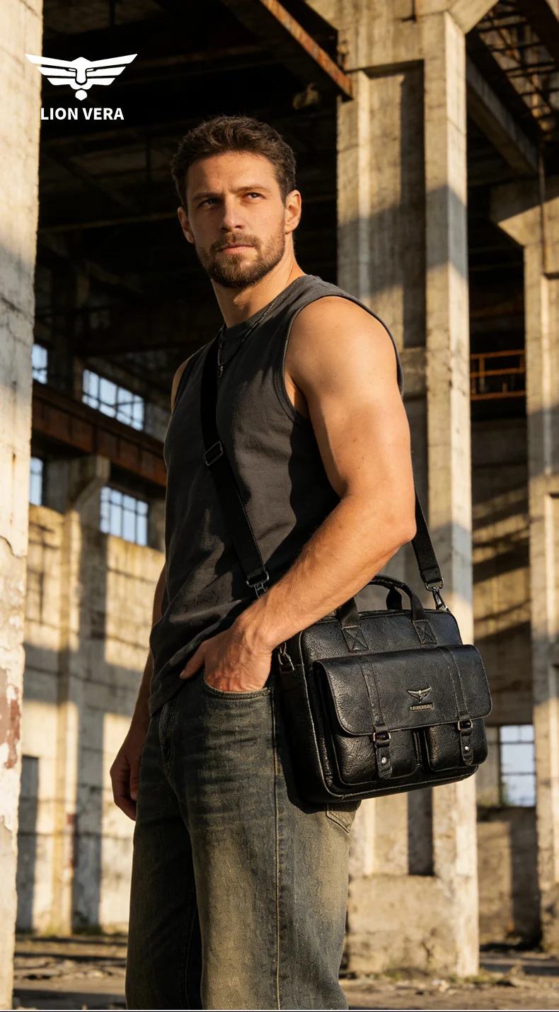 LION VERA Men's Genuine Leather Briefcase Business Casual Commuting Bag Portable Crossbody Shoulder Bag 15.7-inch Laptop Bag